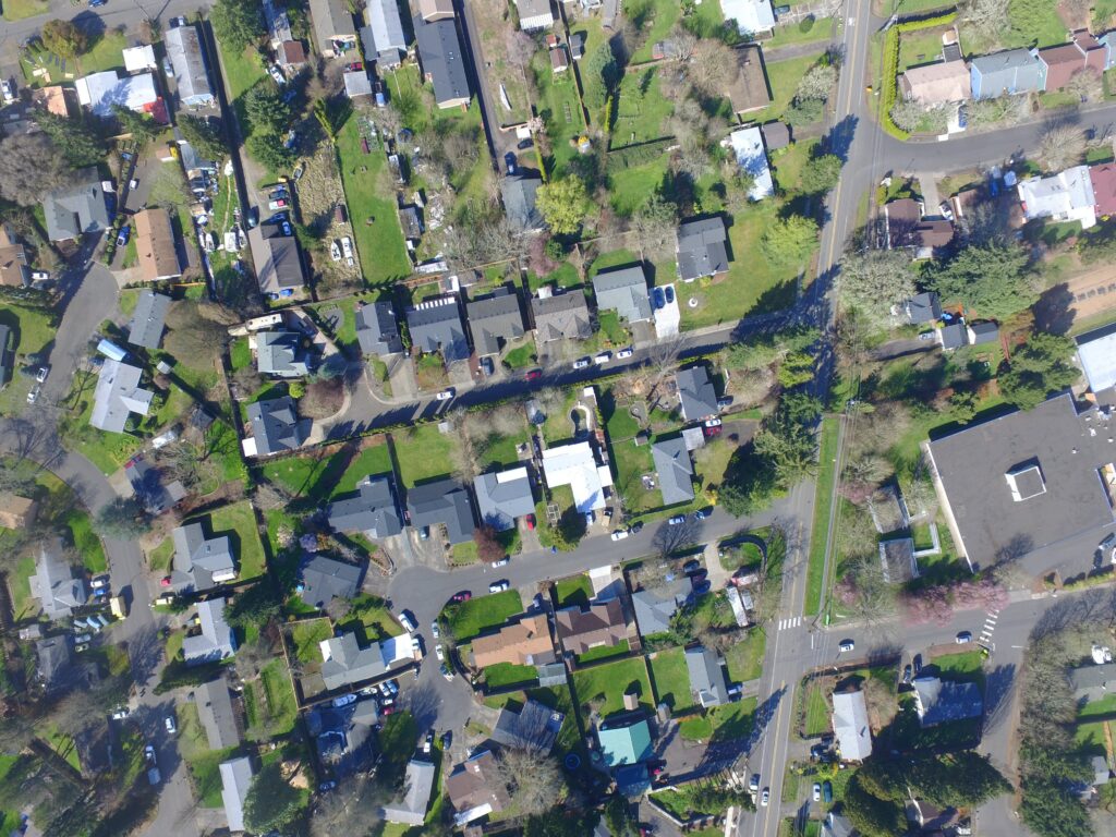 A birdseye view of a large community of houses
